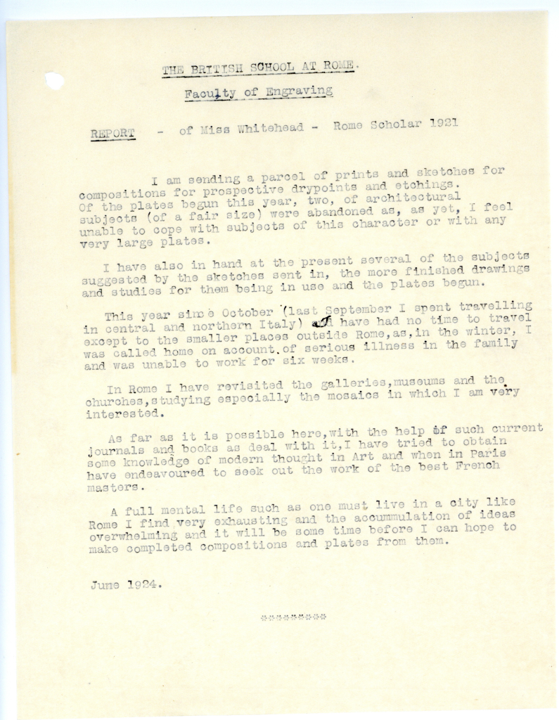 Lilian Whitehead's personal file, Report, June 1924 (BSR Fine Arts Archive)